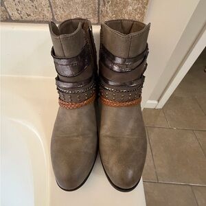 Pierre Dumas Taupe Ankle Booties with Mixed Strap Detail